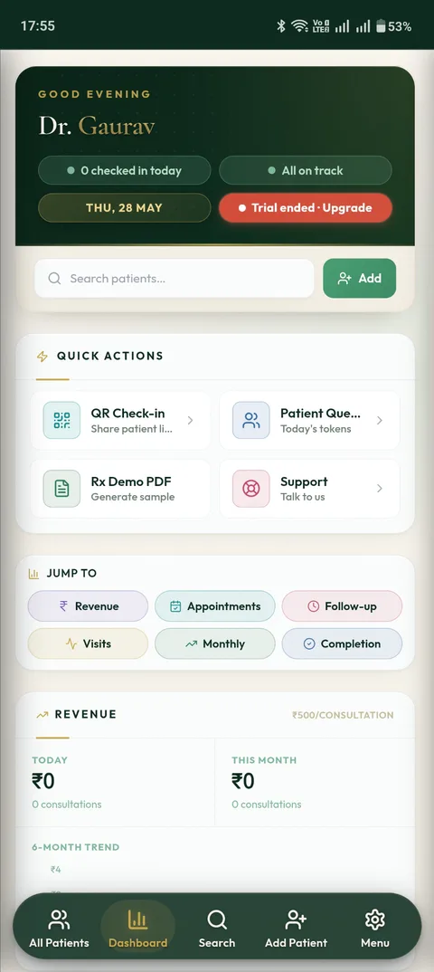 Vaidya OS clinic dashboard on mobile, Dr. Gaurav's home screen