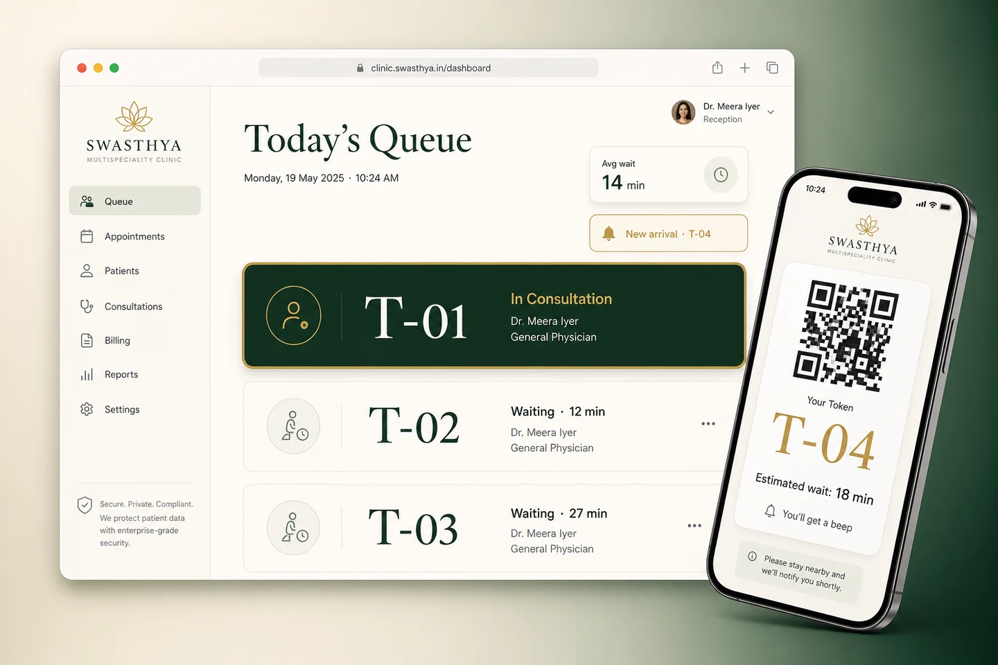 QR Self Check-In: Patients scan, get a token, you hear the beep.